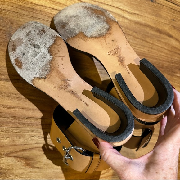 Celine Paris Women’s Designer Tan Leather Ankle Buckle Sandals Luxury Low Heel - Picture 9 of 11